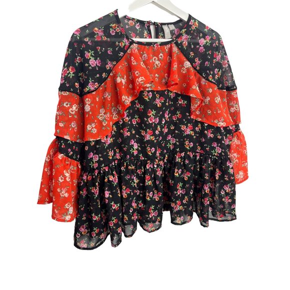 ASOS Floral Ruffle Sheer Boho Peasant Blouse Black Orange Size 8 - Picture 9 of 9